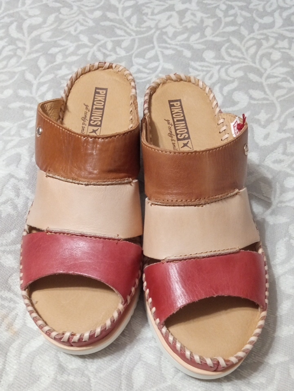 PIKOLINOS Tri-Panel Leather Slide Sandals - Red, Tan, Cream